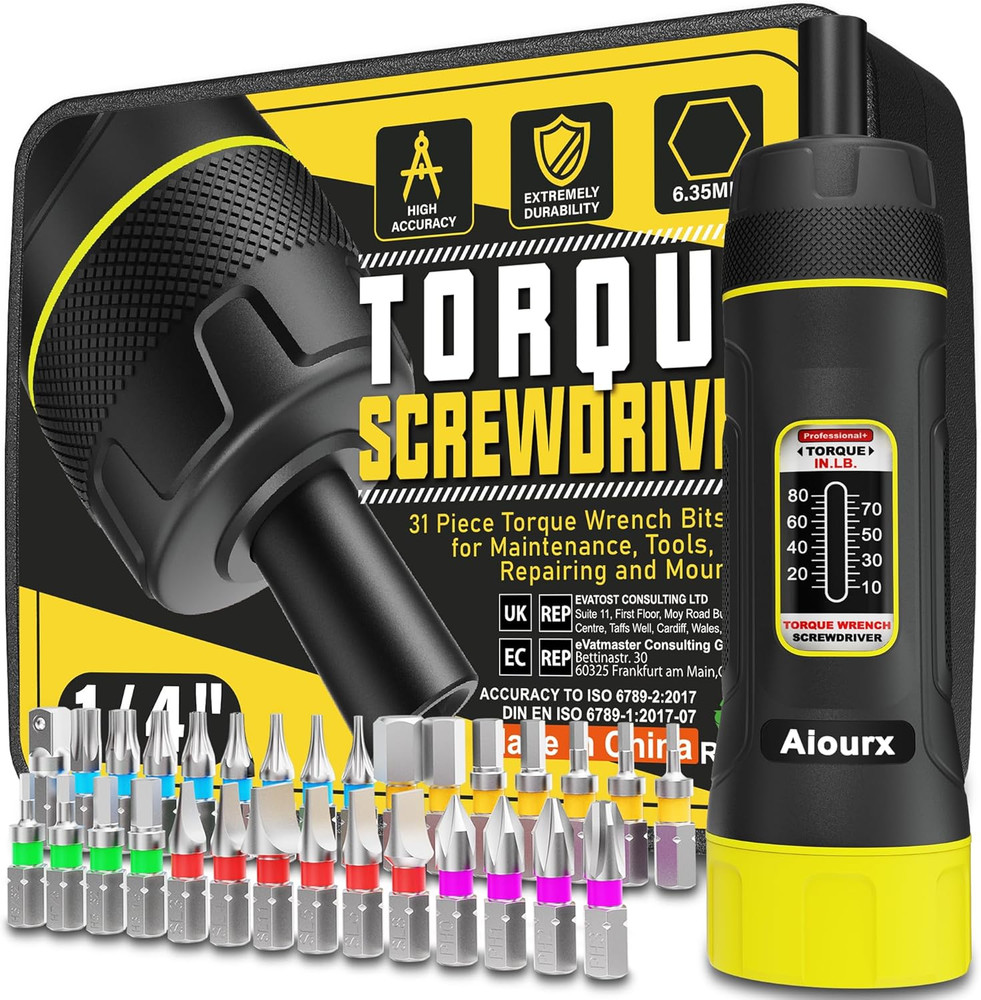 Torque Screwdriver Set, 10-80 Inch Pounds Lbs, 31 Piece 1/4" Drive Torque Screwd