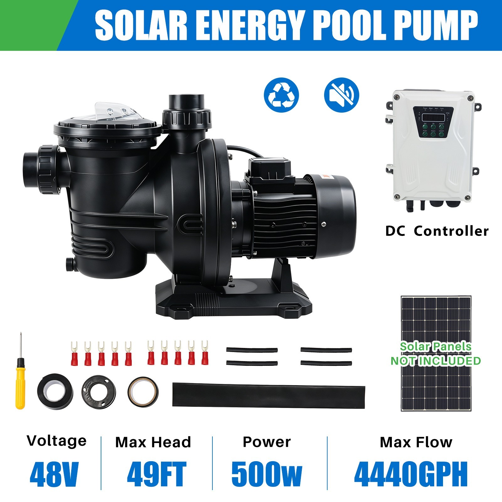 500W Solar Pump kit Inground Pool Pump DC 48V Brushless Motor 74GPM 49ft Hmax gallery