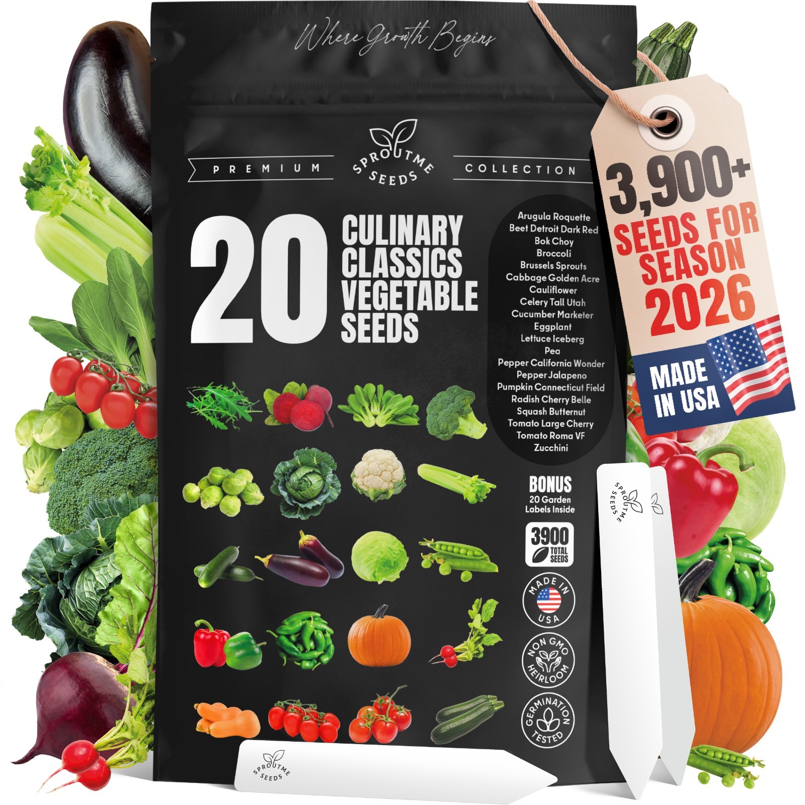 Vegetable Seed Variety Pack: 20 Heirloom Non-GMO Seeds with Plant Markers gallery