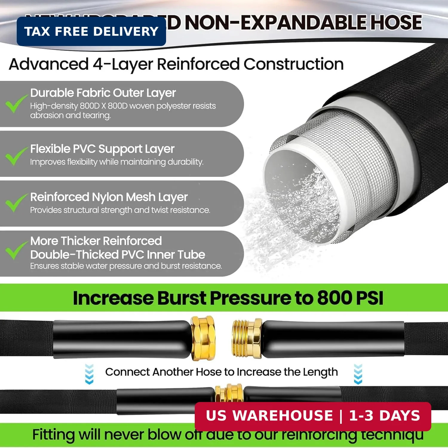 100FT Non-Expandable Garden Hose Lightweight Flexible Water Hose With Sprayer No gallery