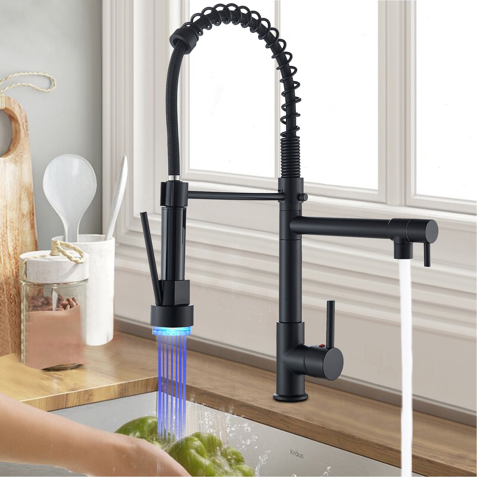 Black LED Kitchen Faucet Single Handle Swivel Sink Faucet with Pull Down Spray gallery