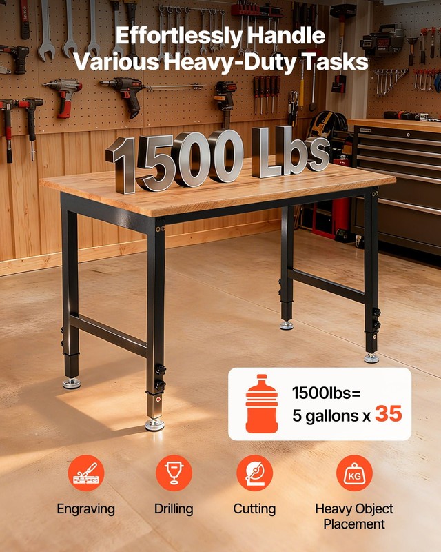 Adjustable Workbench, 1500 lbs Capacity, 48 x 24 Inch Oak Wood Top Workbench wit gallery