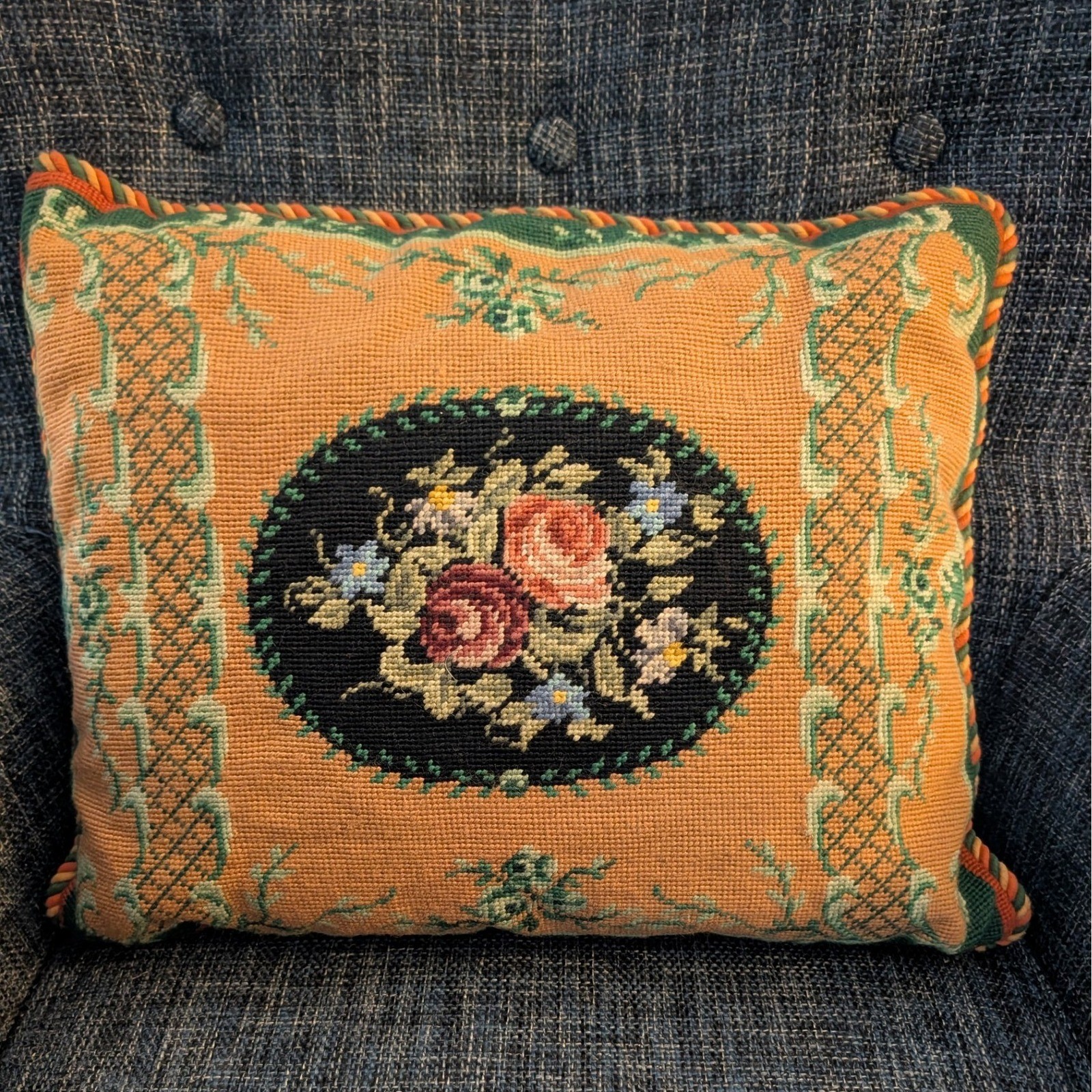 Vtg Wool Needlepoint Velvet Throw Pillow Gold Floral Embroidery 16x20 Victorian gallery