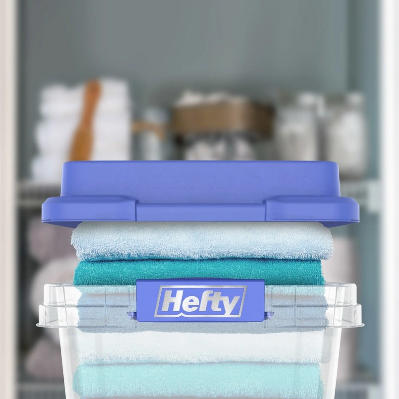 Hefty 6 Pack 32 Quart Hi-Rise Stackable Plastic Storage Bin with Lid, Clear/Blue gallery