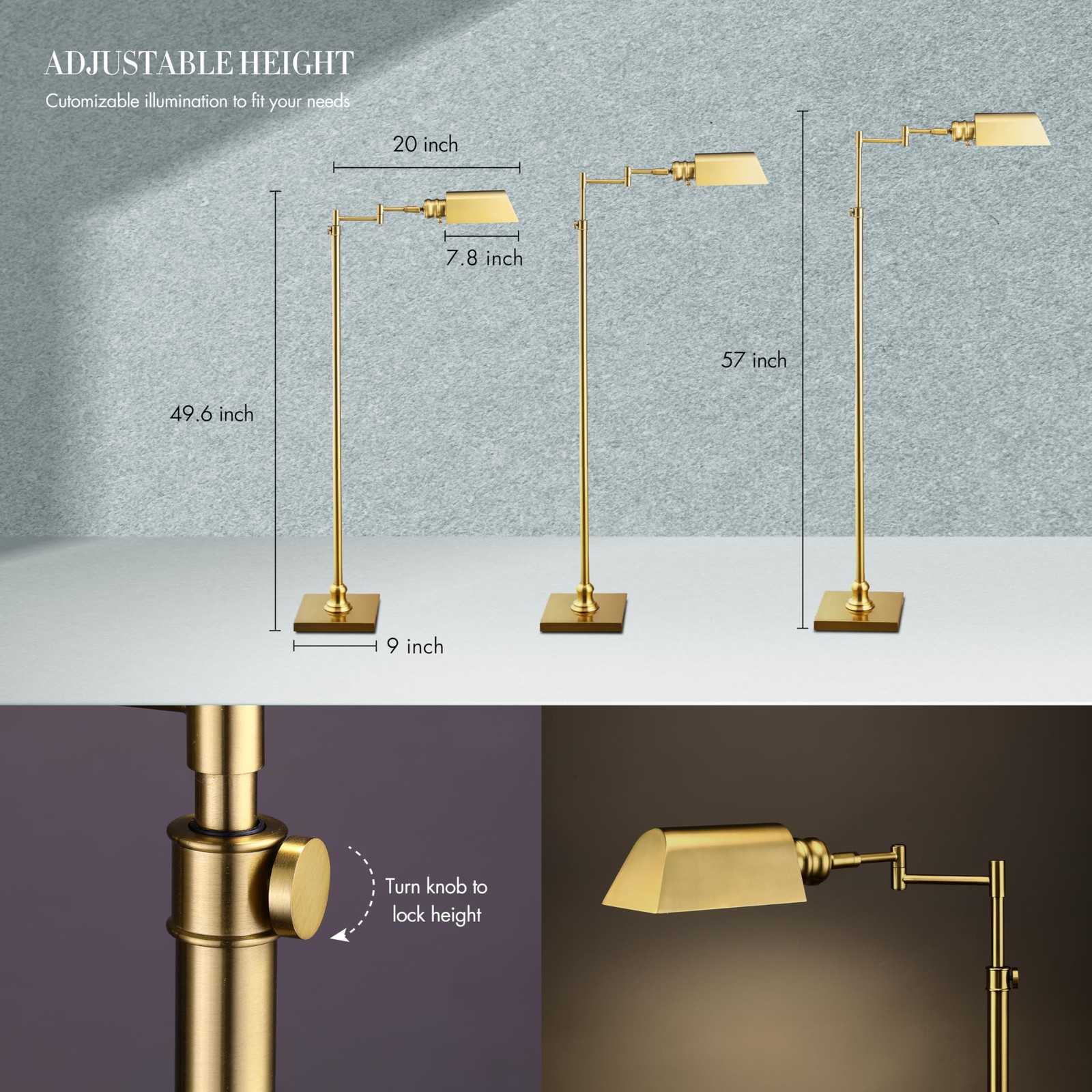 Floor Lamp Swing Arm Task 360 Rotatable Adjustable Height Antique Brass Bright gallery