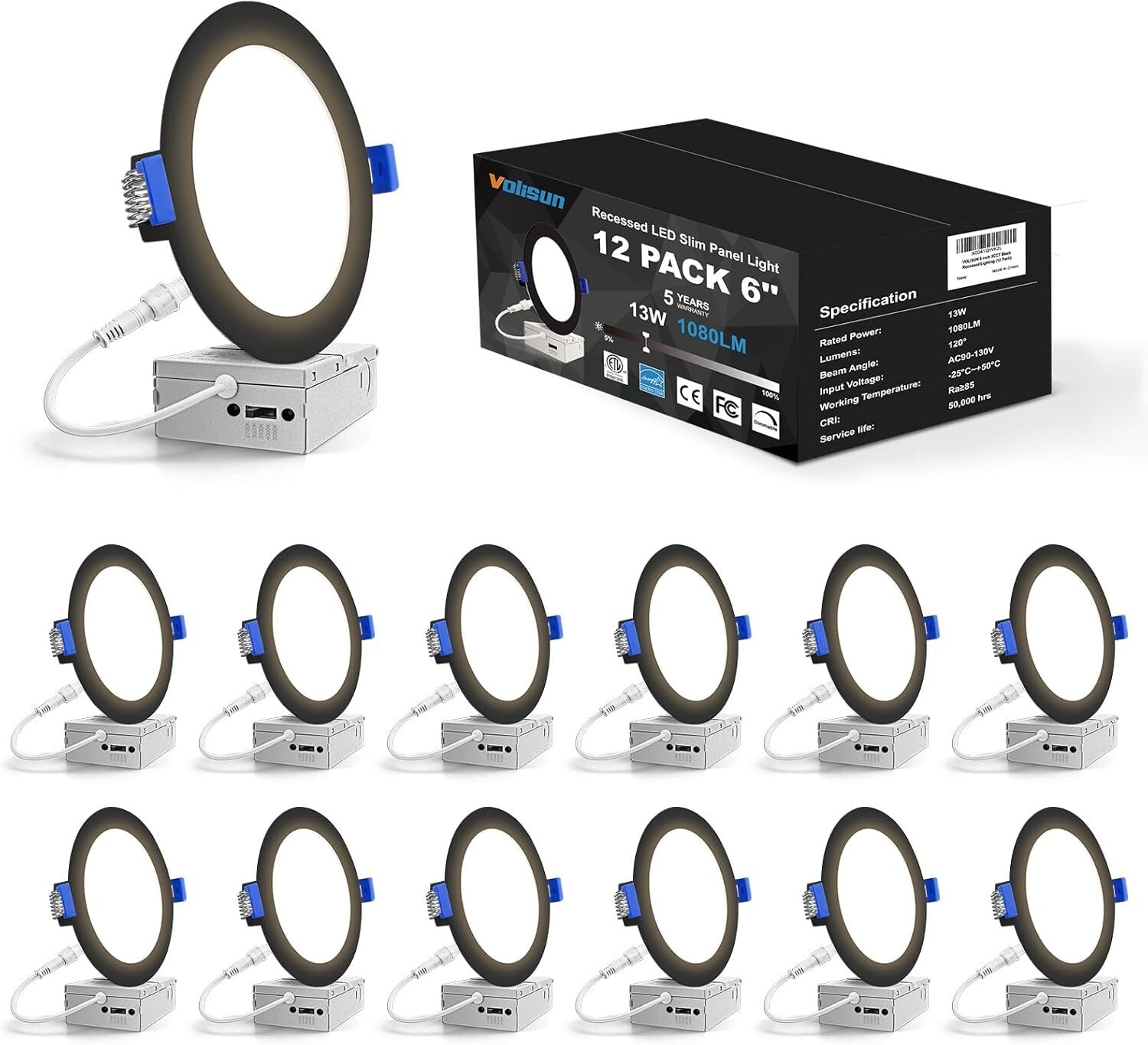 12x VOLISUN 6” LED Downlights Black 5CCT Dimmable 13W 1080LM Wafer Recessed Ceil gallery