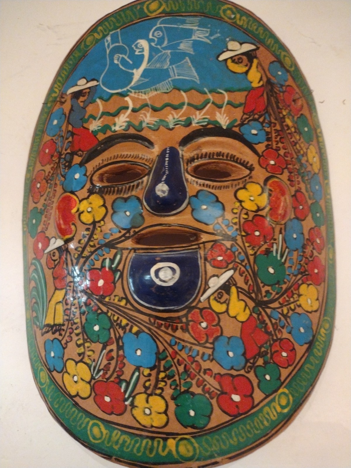 Vintage Tribal CLAY ART Glazed Ceramic Curve Wall Decor Mask , 9" H x 7" W, A14 gallery