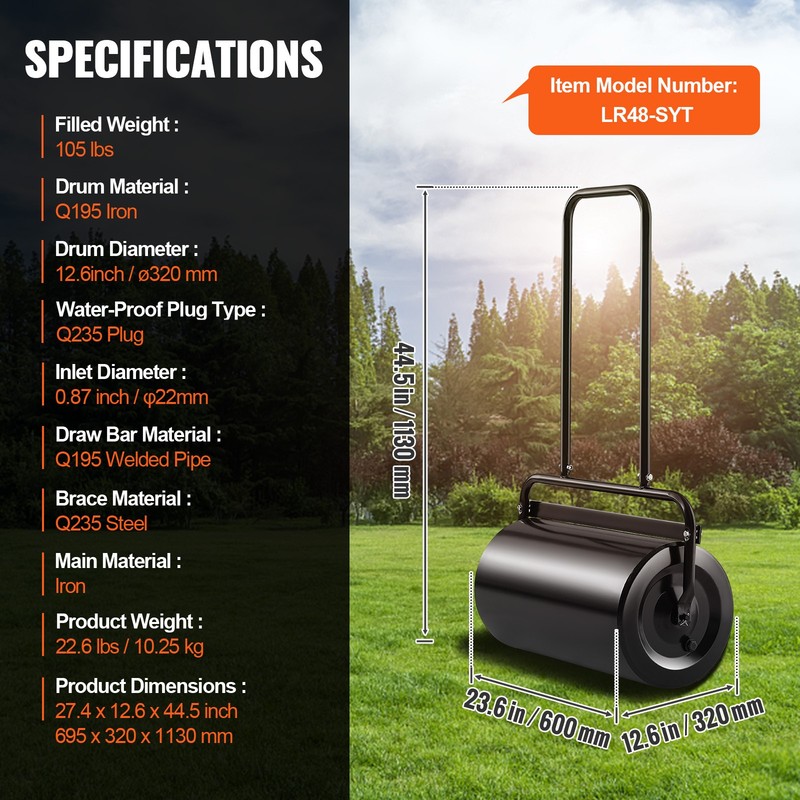 VEVOR Lawn Roller Yard Roller 13 Gallon Sand/Water Filled Steel Sod Roller Push gallery