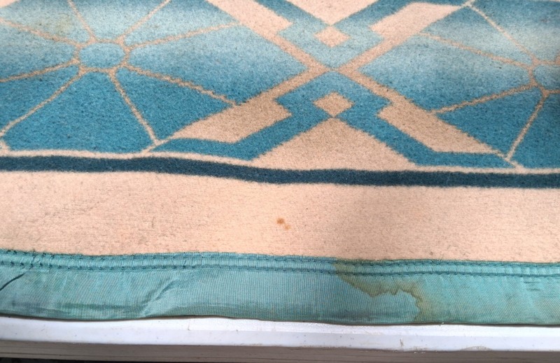 TURQUOISE BEIGE CAMP BLANKET WOOL COTTON BLEND 72 1/2 × 80 NICE WEIGHT 1940'S? gallery