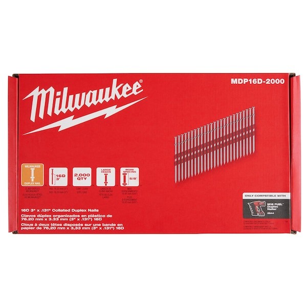 Milwaukee Tool Mdp16d-2000 Duplex Nails, 3 5/8 In L, 10 Ga, Plain, Flat Head, gallery