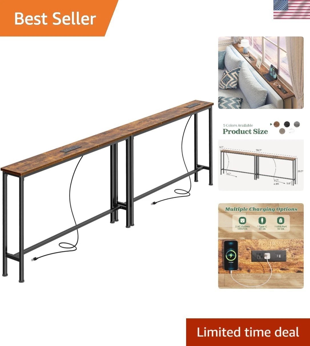 78.8 inch Narrow Console Table with Outlet, Sofa Tables, Behind Couch Table, ... gallery