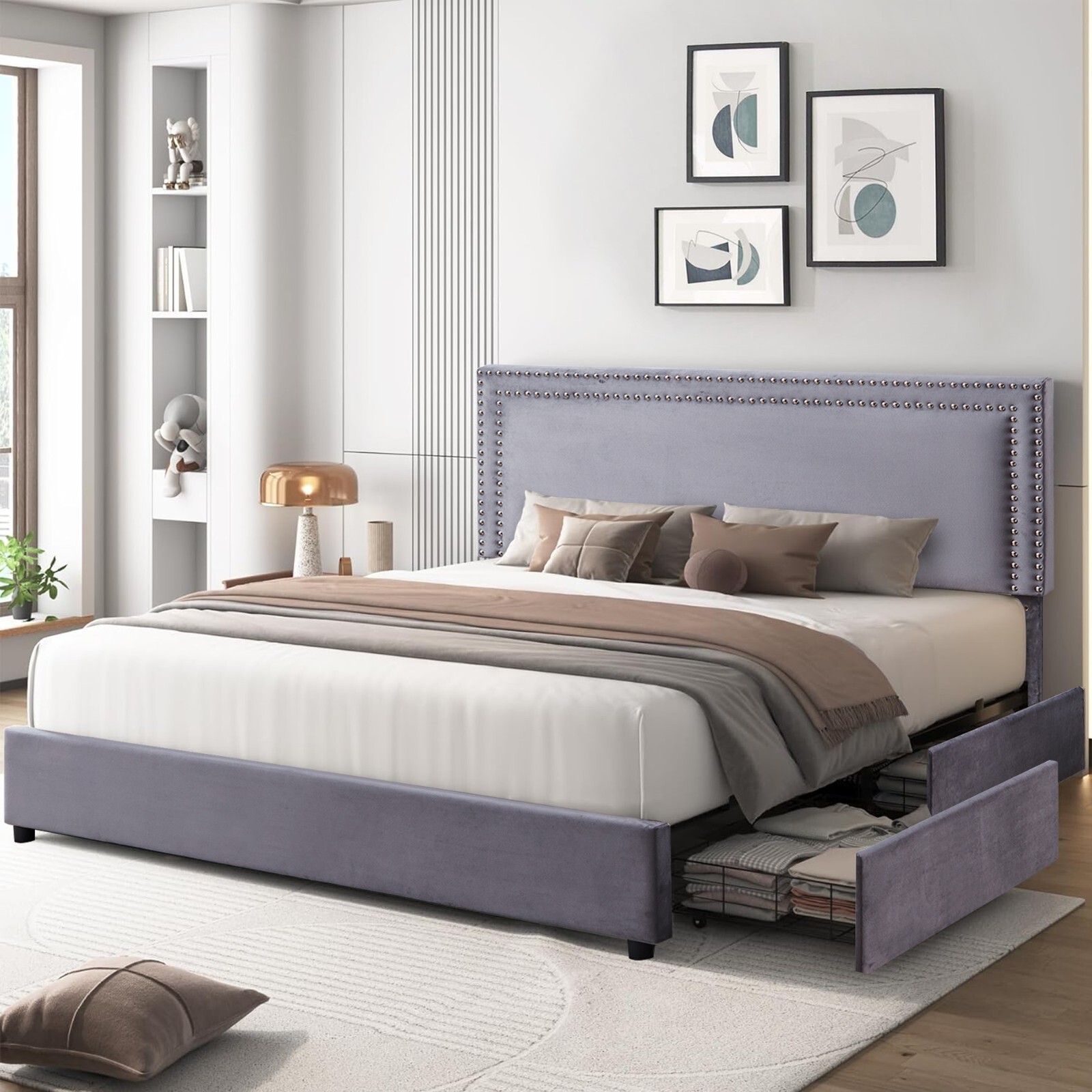 Bed Frame with 4 Storage Drawers Full Queen Size Wood Platform Velvet Headboard gallery