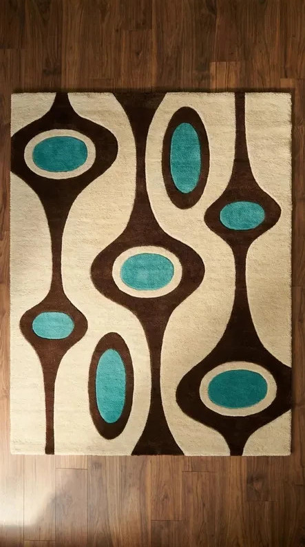 Mid Century Modern Hand Tufted Rug, Abstract Retro Area Rug, Teal Brown Cream gallery