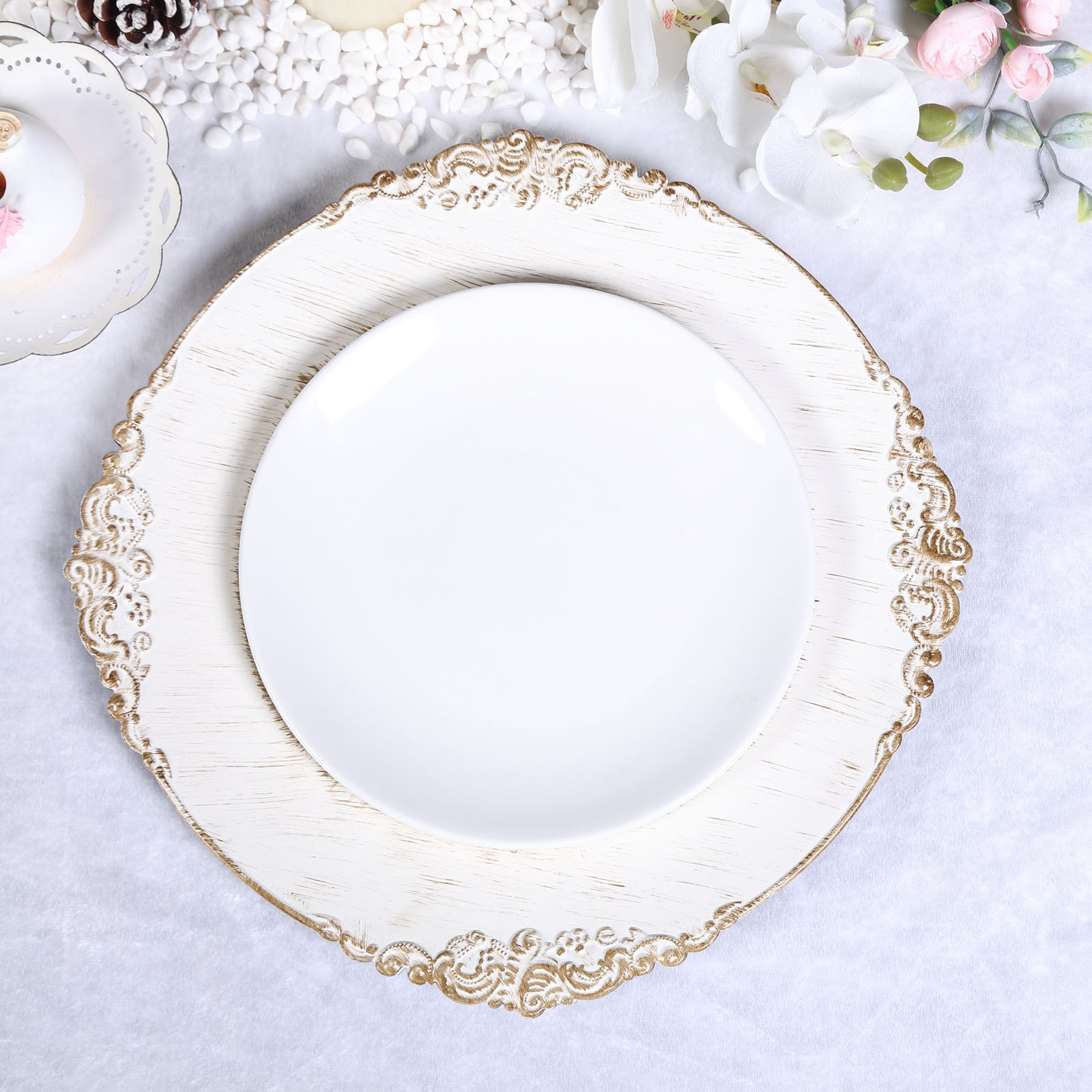 24 WHITE GOLD 13" Round Embossed Rim Charger Plates Wedding Dinner Supplies gallery