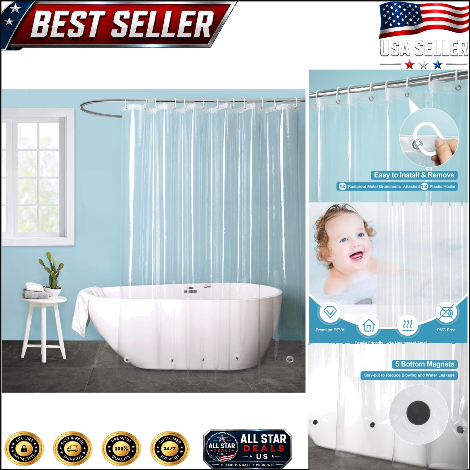 Transparent Waterproof Shower Curtain Liner with 5 Weighted Magnets 72x74 gallery