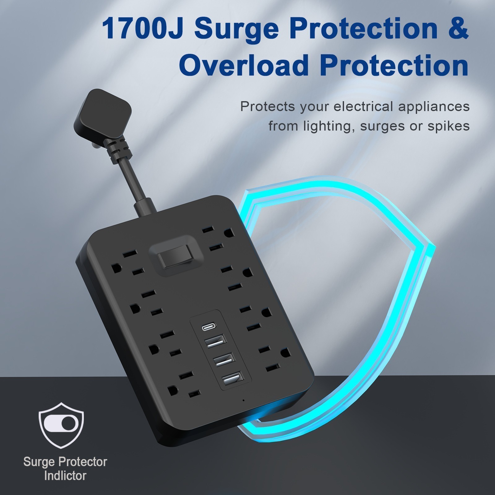 8 AC Outlet Surge Protector Power Strip 3 USB Type C Ports Wall Mount Socket gallery