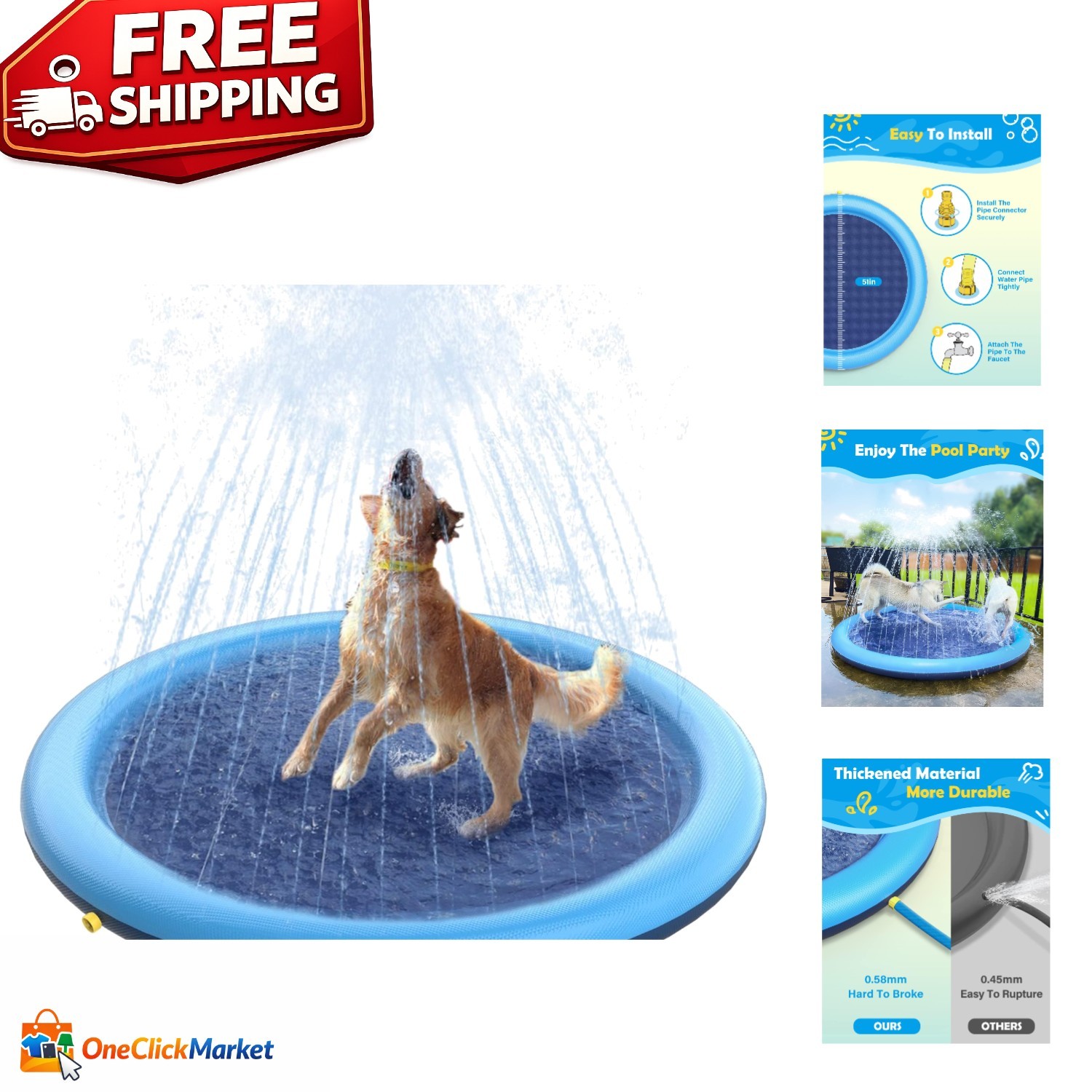Extra Thick Outdoor Dog Pool - 51-inch Anti-Slip Splash Pad for Summer Fun gallery
