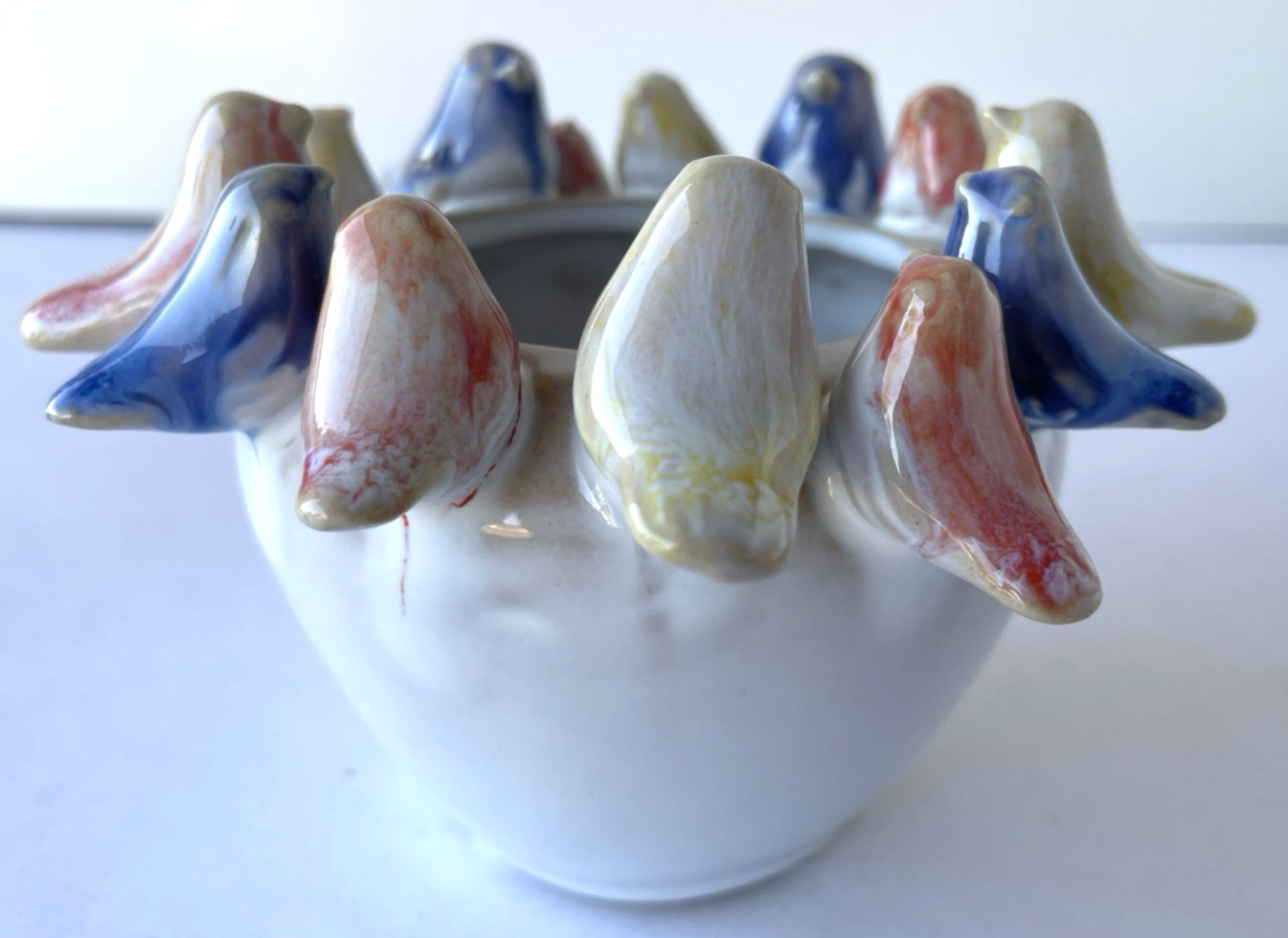 Creative Co-op Stoneware Planter with Colorful Birds on Rim reactive Glazed CUTE gallery