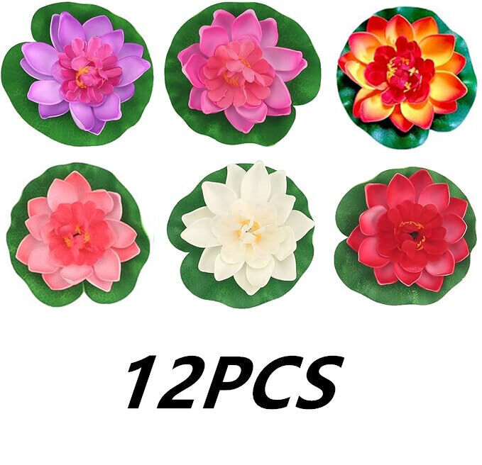 12Pcs 4inch Floating Foam Lotus Flowers Artificial Pond Plants with Lily Pads US gallery