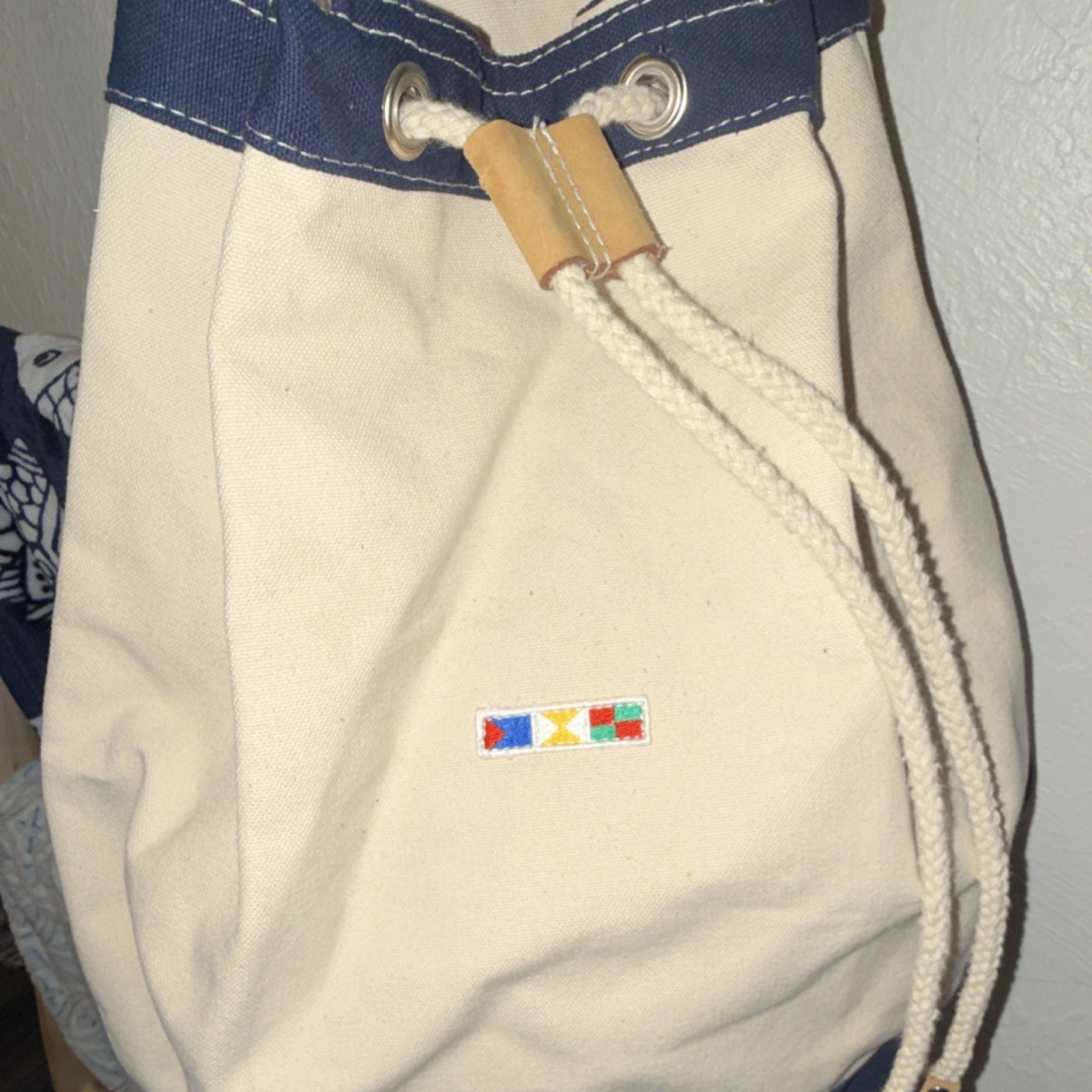 Beige/Blue Canvas Drawstring Hiking Bag Adjustable Strap Zipper for easy access 2
