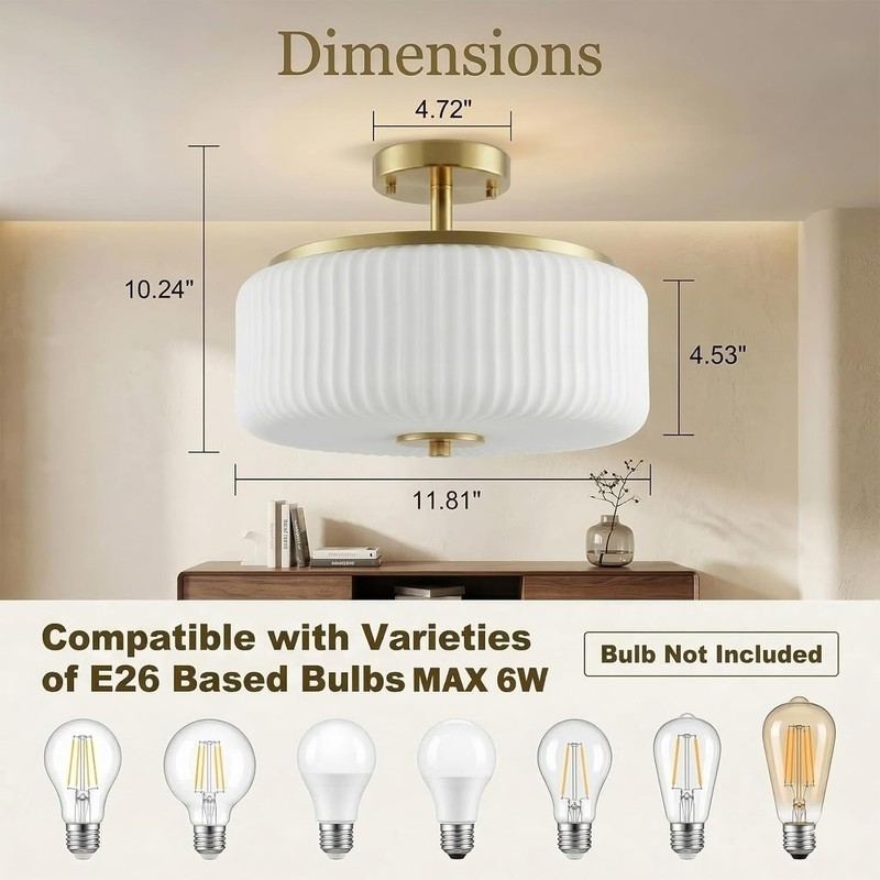 3-Light Gold Semi Flush Mount Ceiling Light 11.8" Fixture Ribbed Glass Shade gallery