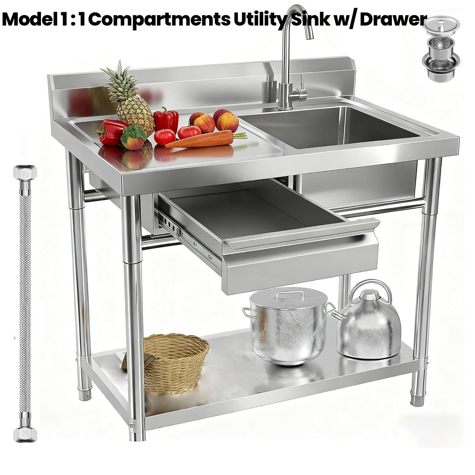 1&3 Compartment Commercial Kitchen Sink Stainless Steel Utility Sink with Drawer gallery