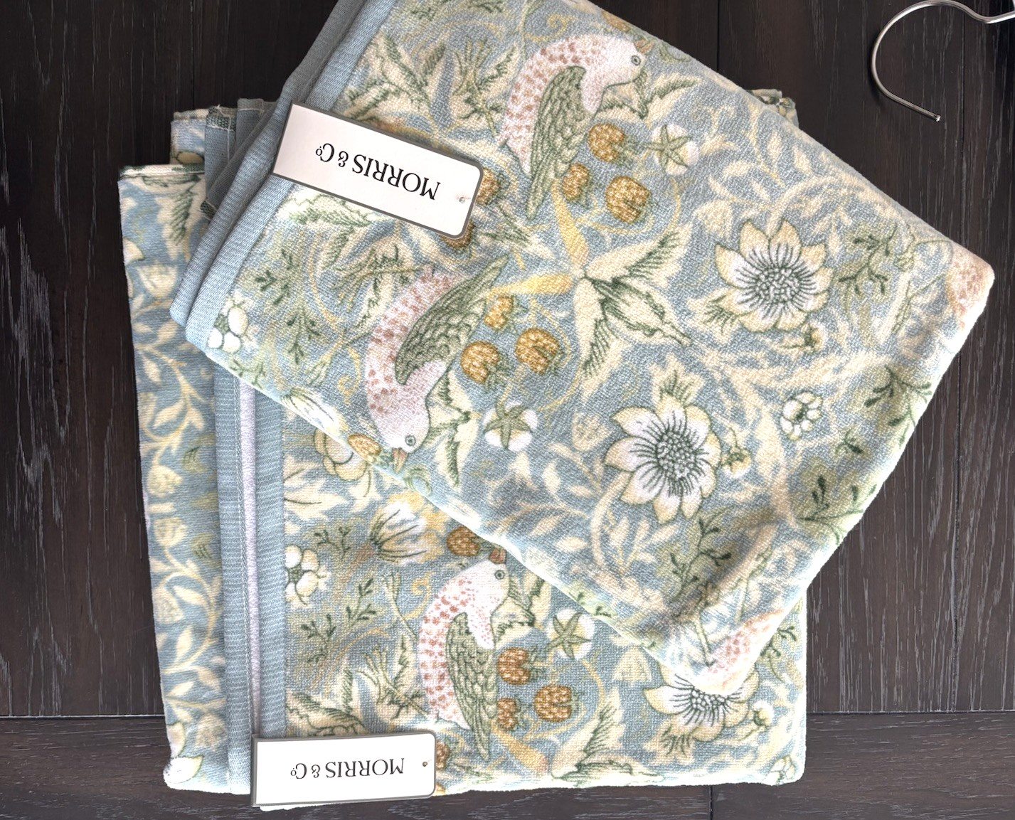 2 Pc William Morris Strawberry Thief Bird Velour Green Multi Bath Towels Set gallery