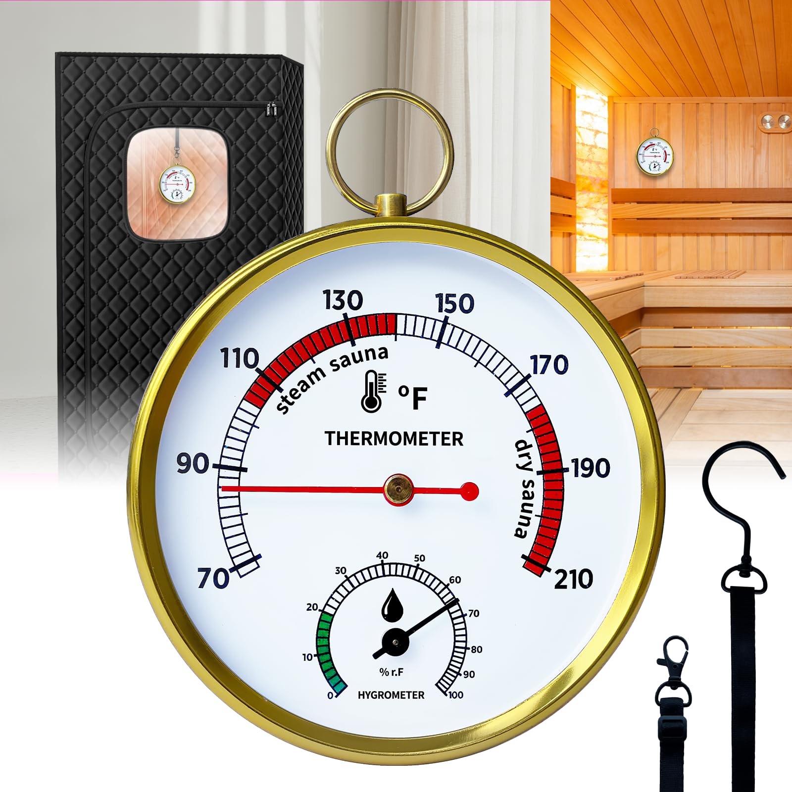Sauna Thermometer Fahrenheit and Hygrometer, Upgraded Lanyard-Mounted for Por... gallery
