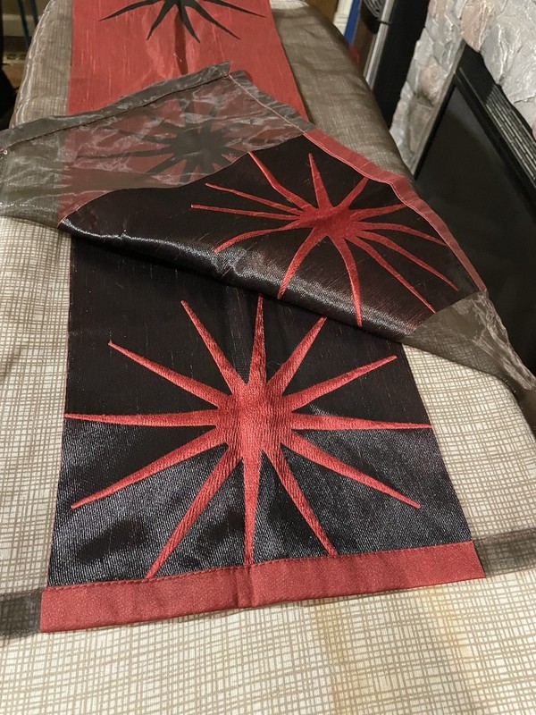 Double Sided Table Runner Maroon~Black Knit Sheer Fabric Star Burst 55.5”L 19.5” gallery