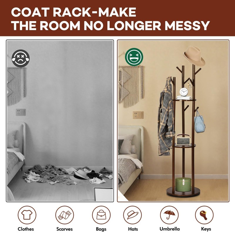 Freestanding Coat Rack, Solid Pine Wood Rotary Coat Tree with 3 Shelves and 9... gallery