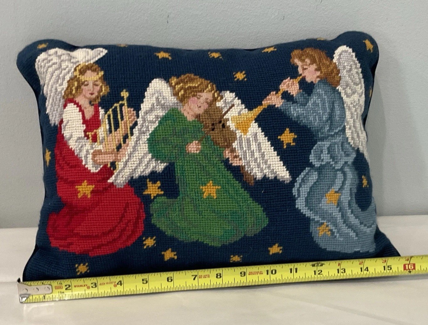 Needlepoint Christmas Pillow Zip Musical Angels Trumpet Violin Cross 15 X 10.5” gallery