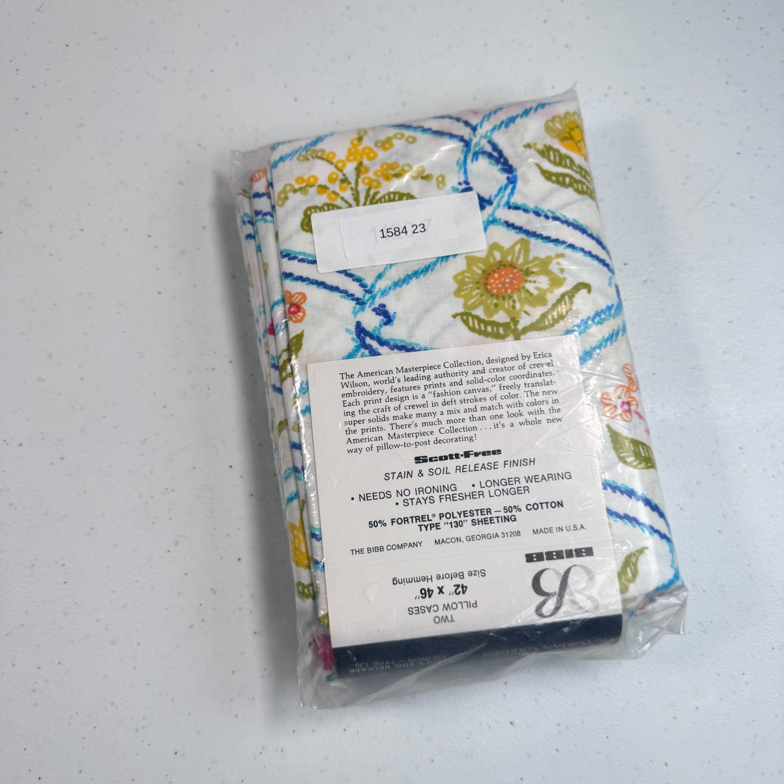 vintage Bibb pillowcase standard pair blue floral blend erica wilson NOS gallery
