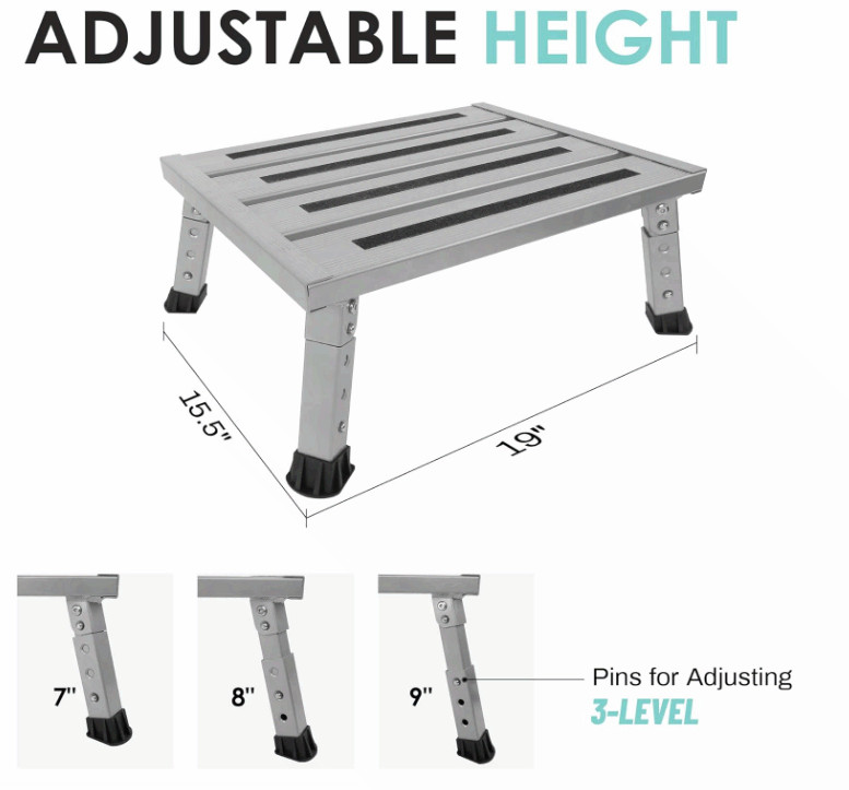 Adjustable Height Aluminum RV Step, Stable Foldable Platform Step Stool,Silver gallery