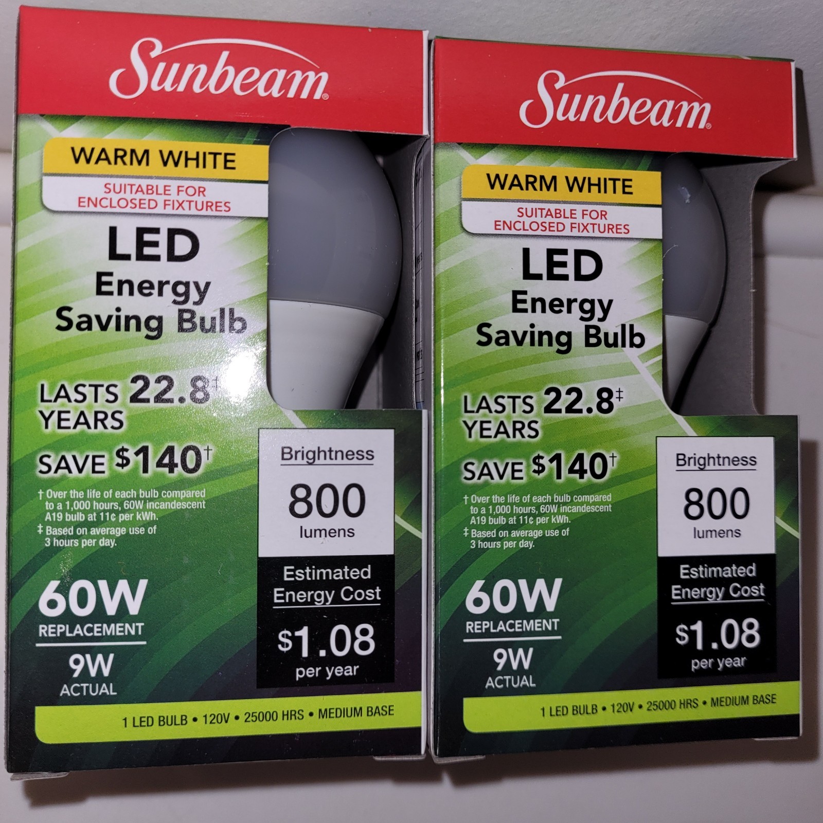 S/2 Sunbeam LED Bulbs~ 9w Bulb 800 Lumens 60w Replacement Med Base WARM WHITE gallery