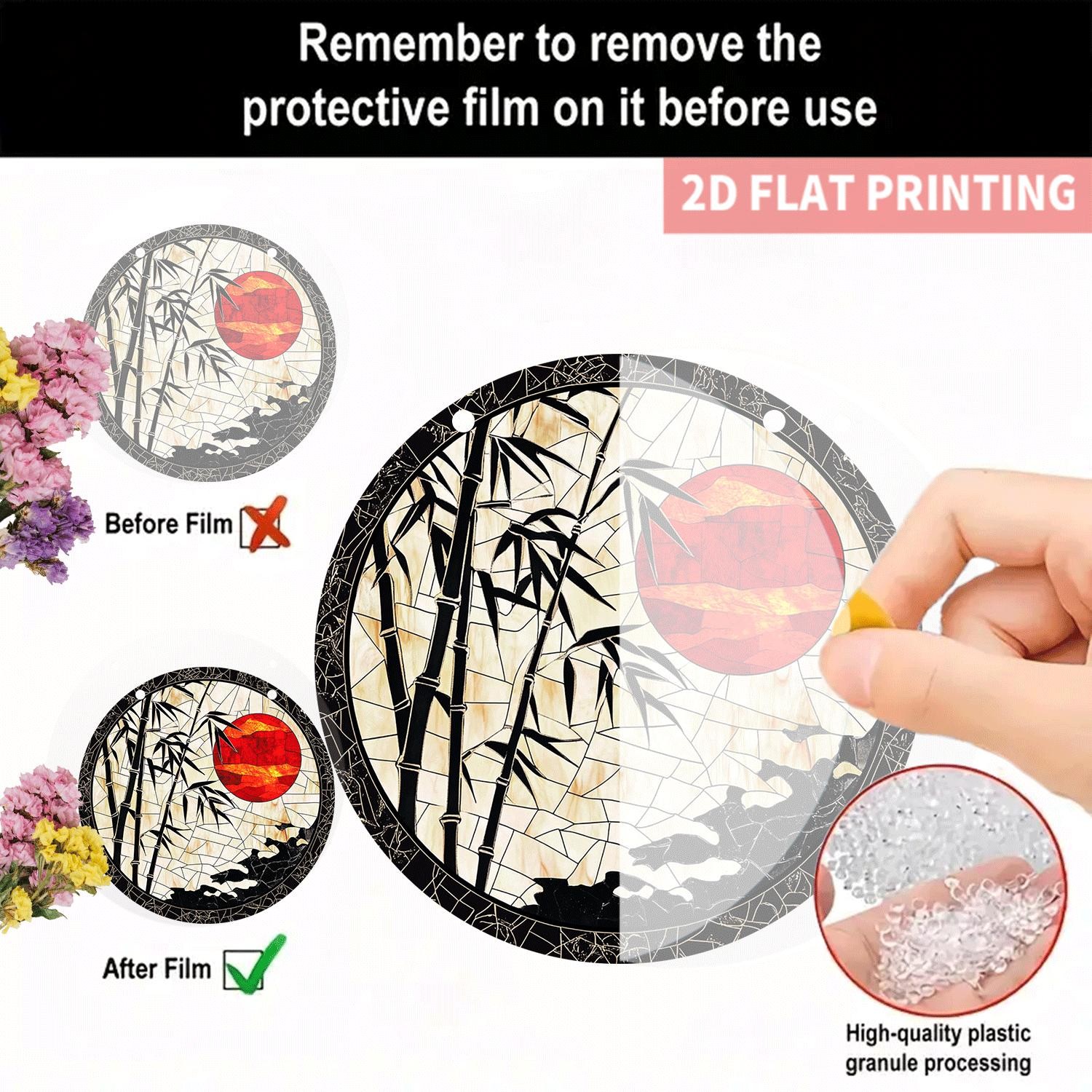 Oriental Bamboo Red Sun Pattern Acrylic Suncatcher Round Window Hanging Decor gallery