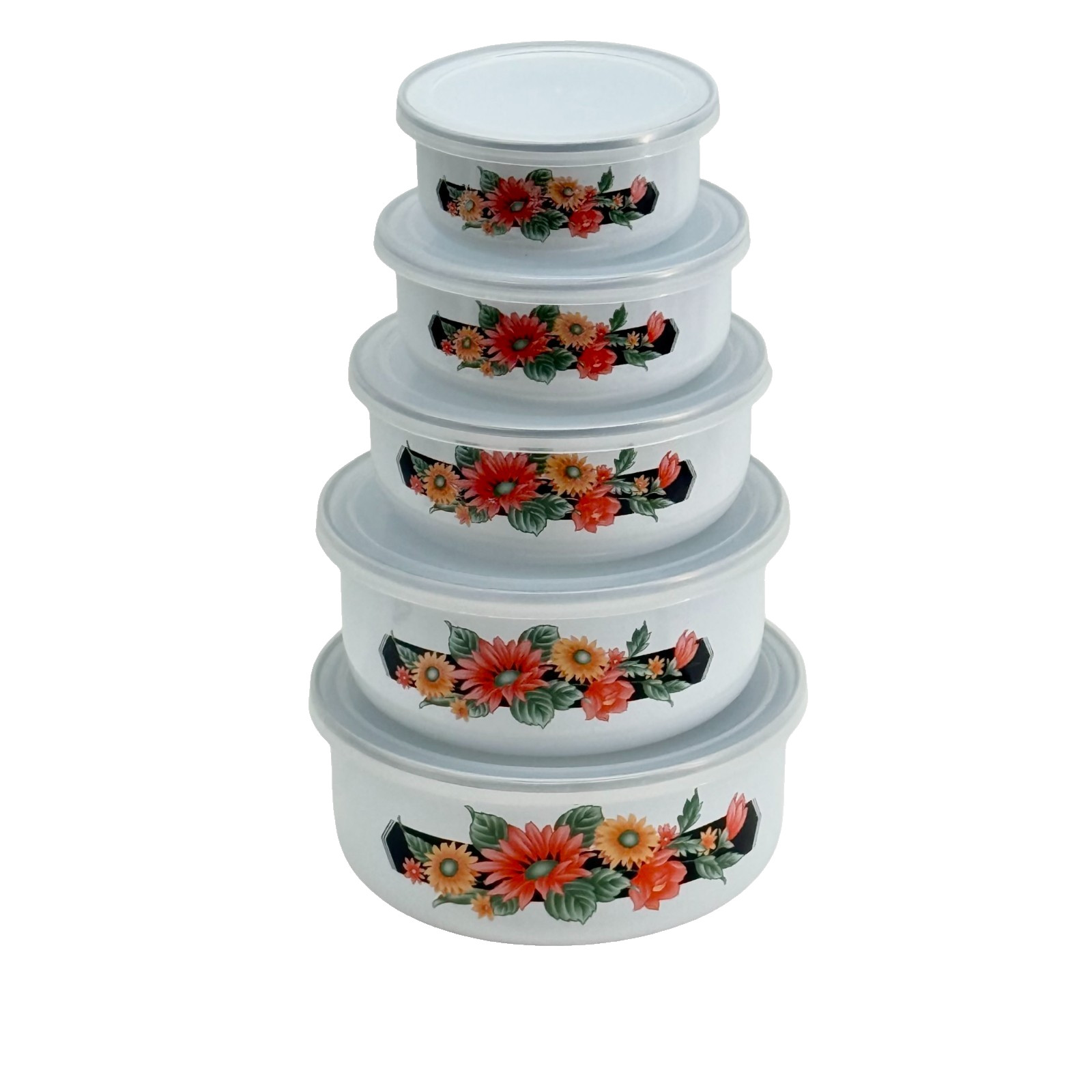 Floral Mixing Bowl Nesting 5 Piece Set Enamel Ware Lids Wild Flower NOS Vtg gallery