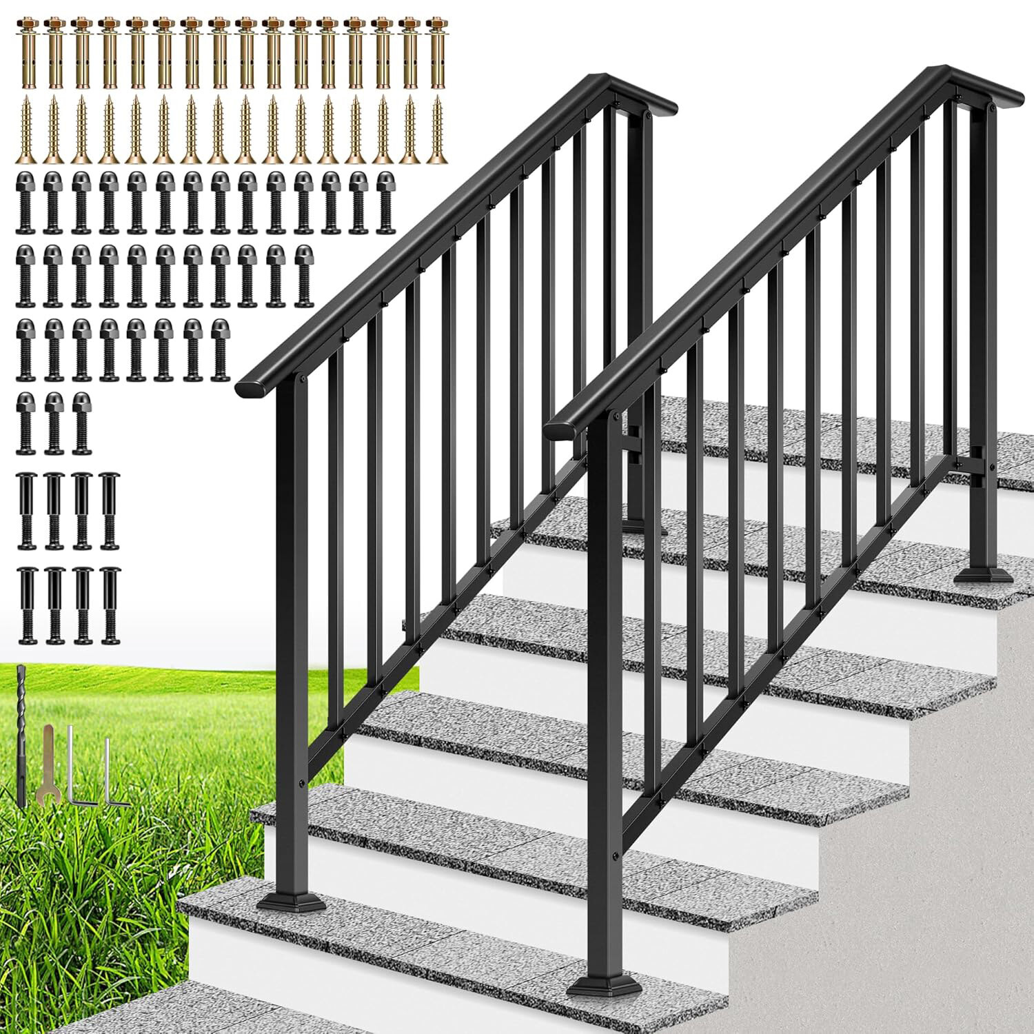 2pcs Wrought Iron Step Handrail Stair Railing for 5 Step Outdoor Deck Hand Rail gallery