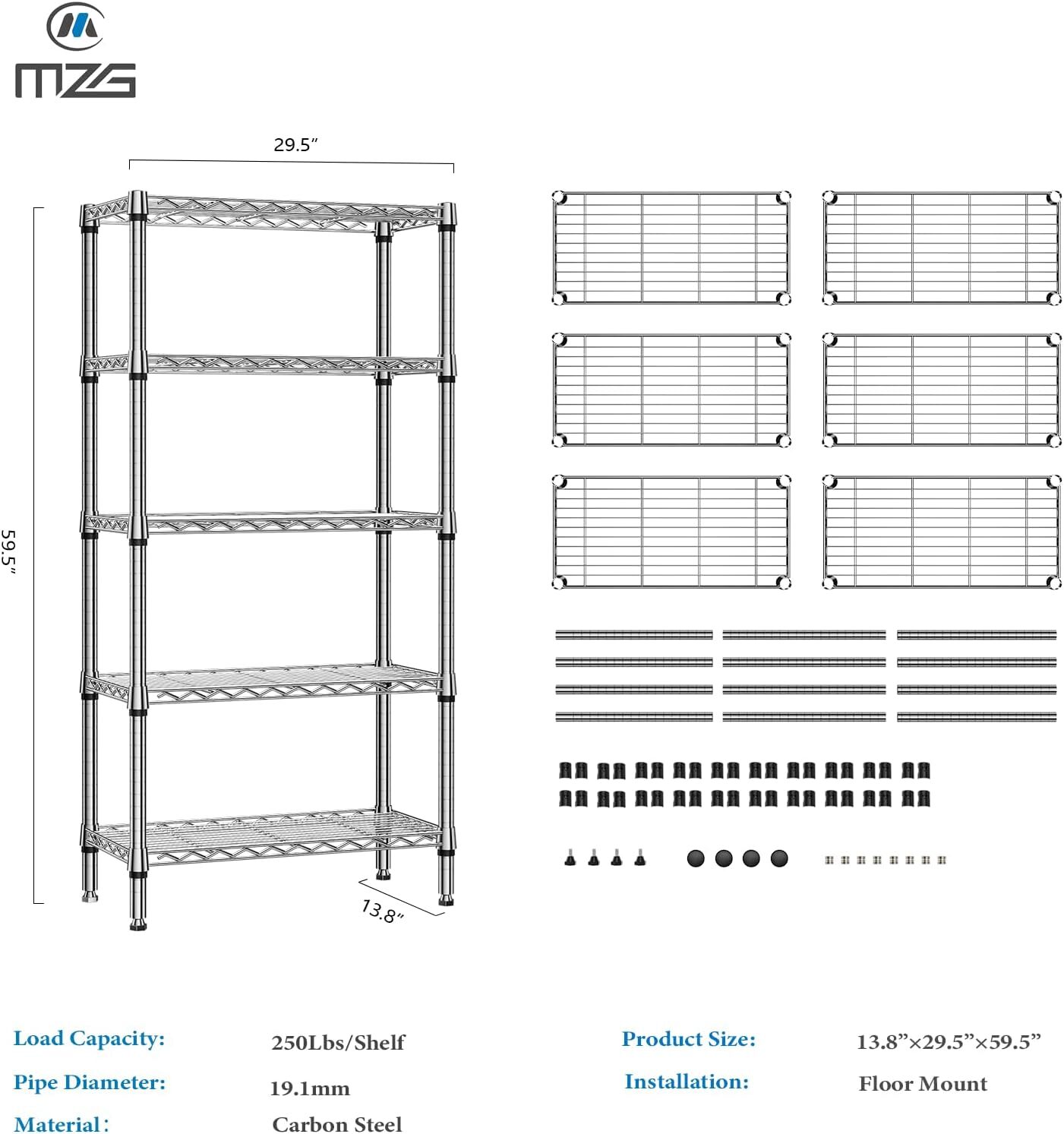 5 Tier Wire Shelving Adjustable Wire Shelf Storage Garage Rack Metal Shelves 60" gallery
