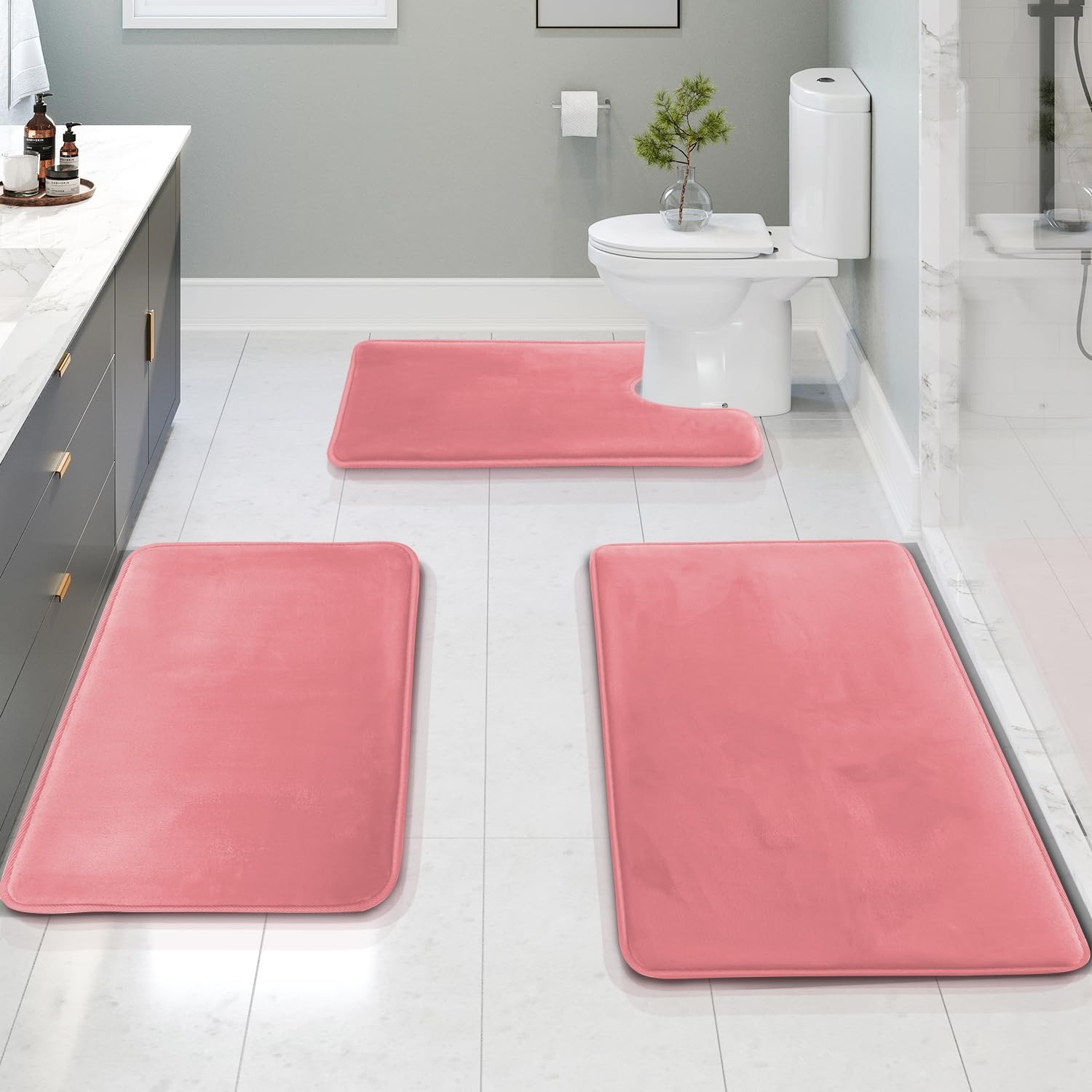 3 Piece Bathroom Rugs Bath Mat Set Velvet Memory Foam NonSlip Washable Pink gallery