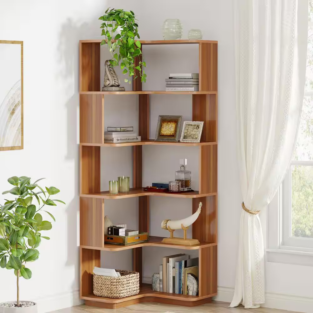65 In. Tall Walnut Color Engineered Wood 6-Shelf Corner Bookcase, Open Bookshelf gallery
