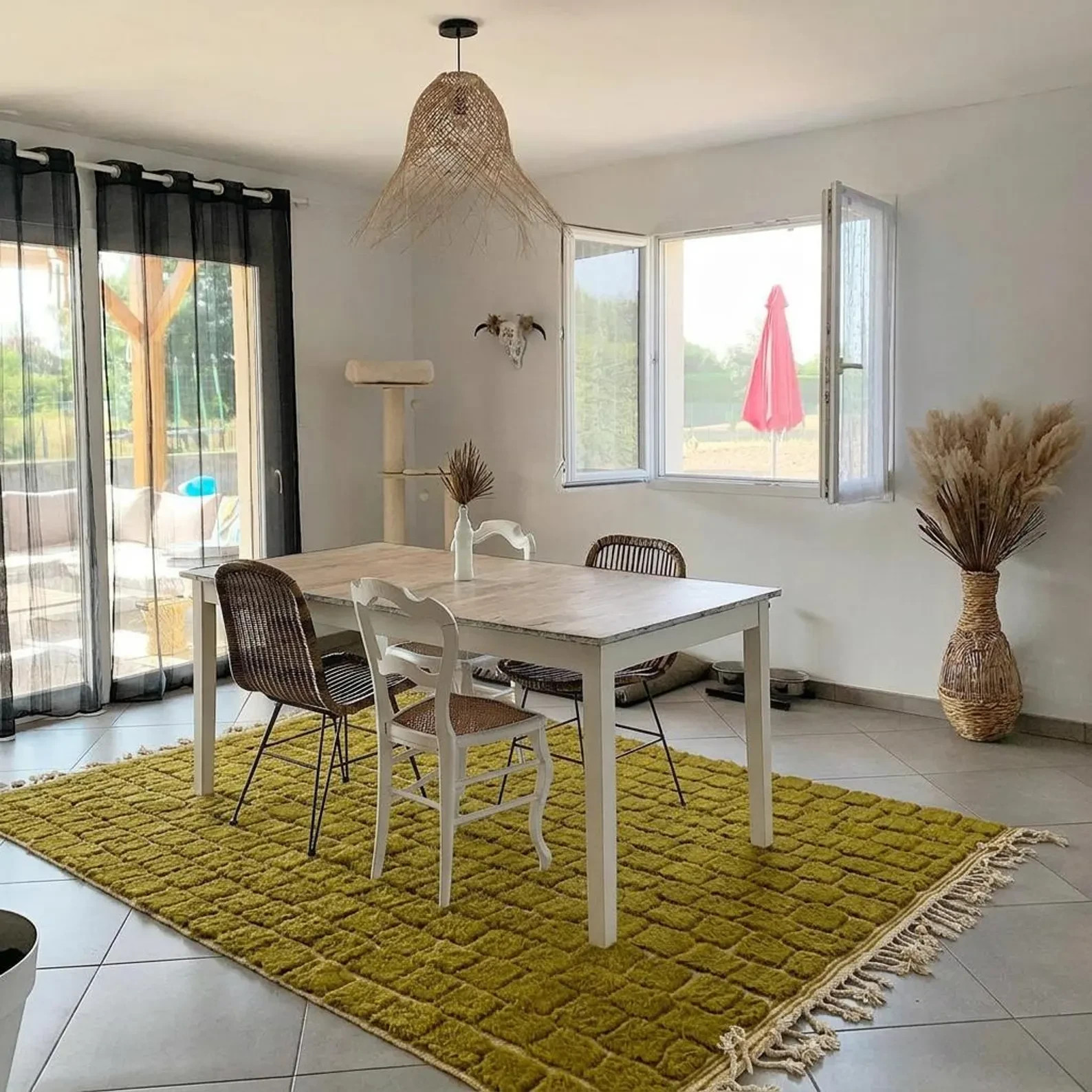 Moroccan Rug Olive Chartreuse Raised Check Squares | Handmade Wool Berber Carpet gallery