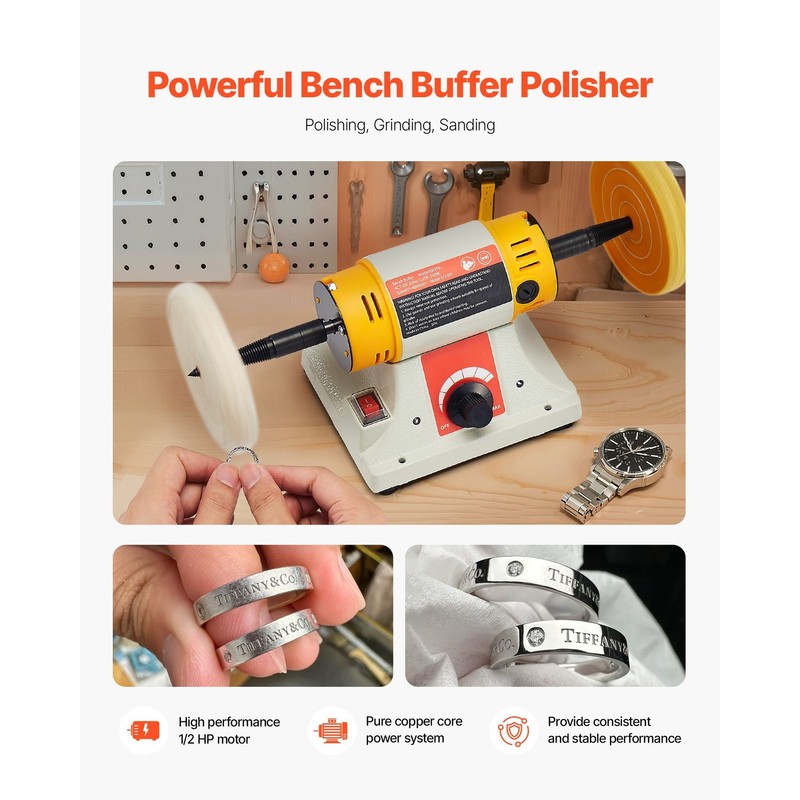 Bench Buffer Polisher, 1/ 2HP Polishing and Buffing Machine, 0 to 8000RPM gallery
