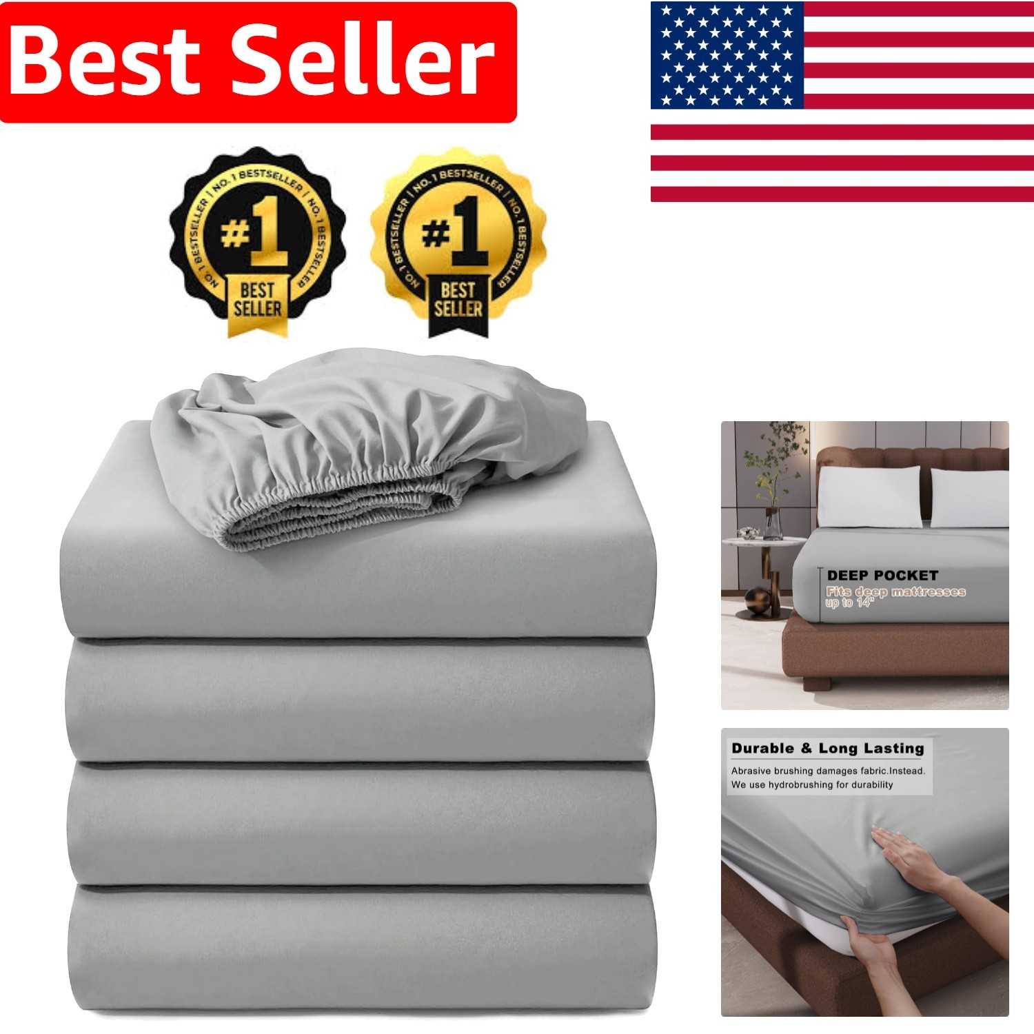 4-Pack Hotel Quality Queen Fitted Sheets, 100% Microfiber, Light Gray, 60"x80" gallery