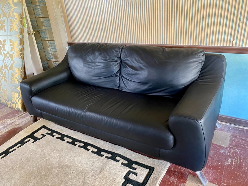 Nicoletti Black Leather Couch Mid-Century Modern w/ Silver Metal Legs gallery