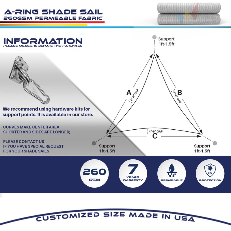 7/8/9ft Gray Equilateral Triangle Outdoor Steel Cable Sun Shade Sail 260GSM gallery
