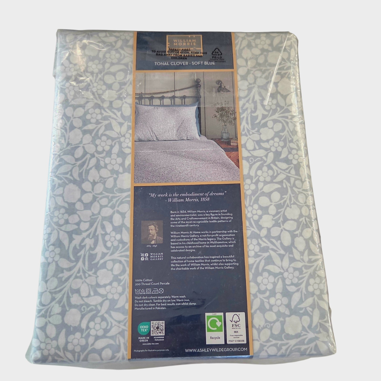 William Morris Cotton Percale Floral King Sheet Set of 4 Tonal Clover Soft Blue gallery