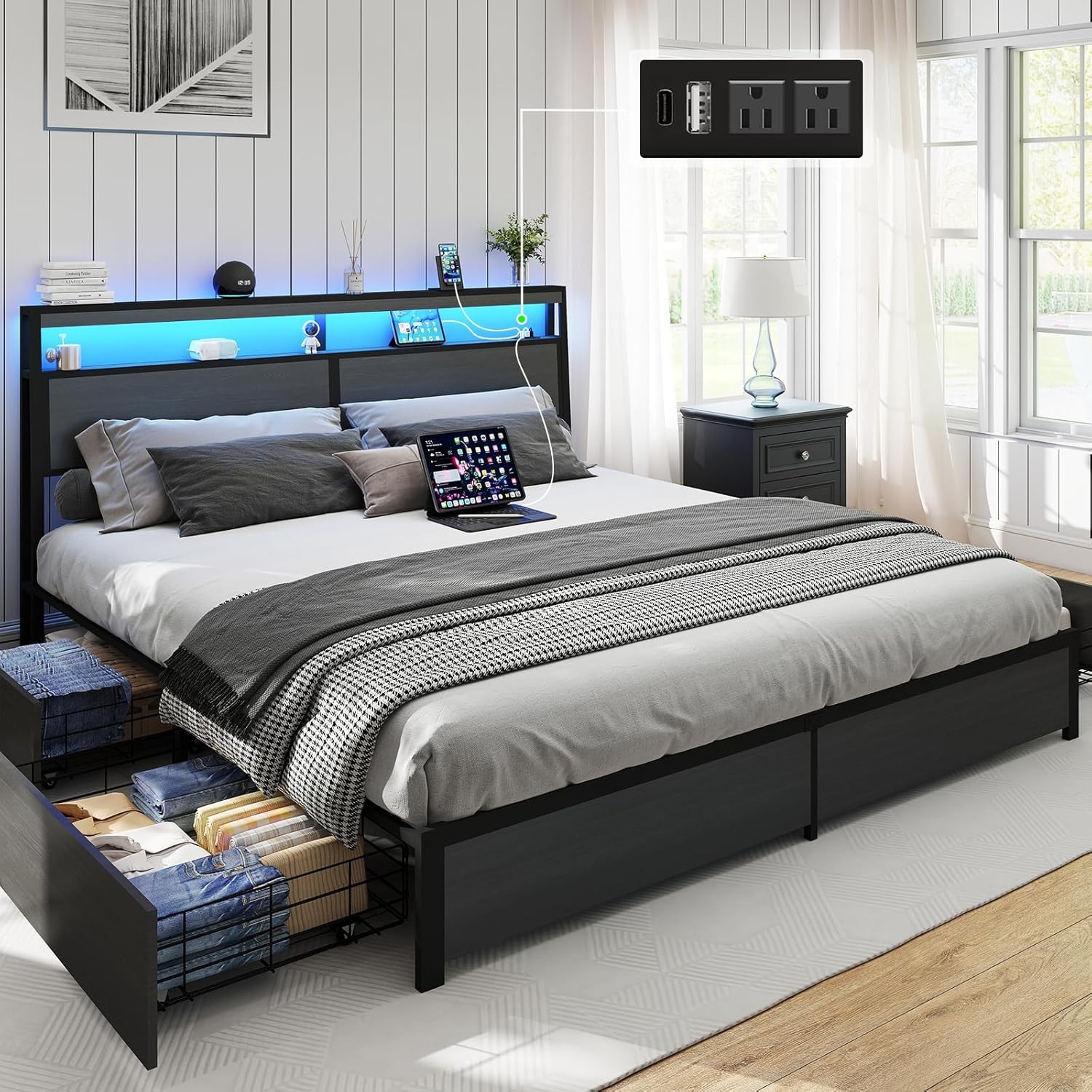 Queen Size LED Bed Frame with Storage Headboard and 4 Drawers Charging Station gallery