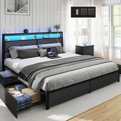 Queen Size LED Bed Frame with Storage Headboard and 4 Drawers Charging Station