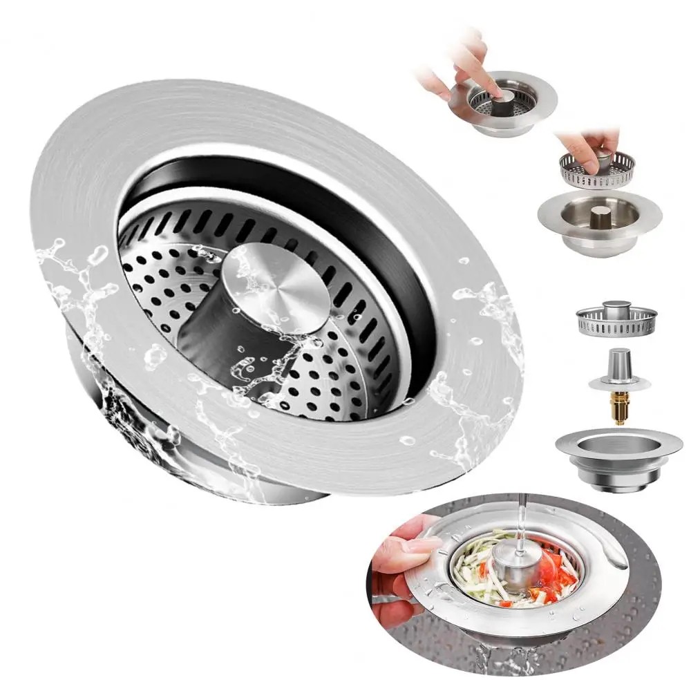 3 In 1 Kitchen Sink Drain Strainer Stopper Combo Pop Up Basket Stainless Steel gallery