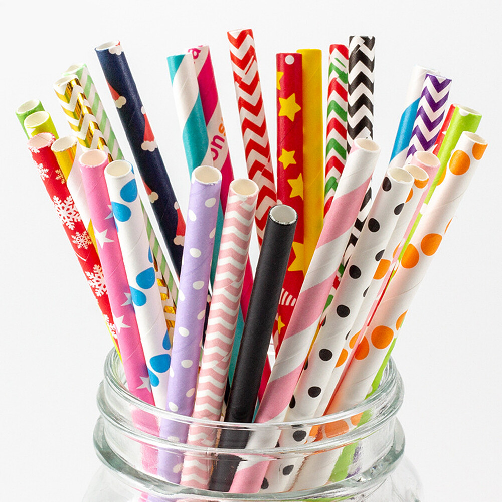 US 100~200 Bulk Packed Paper Straws Pattern Color -Biodegradable FDA Approved gallery